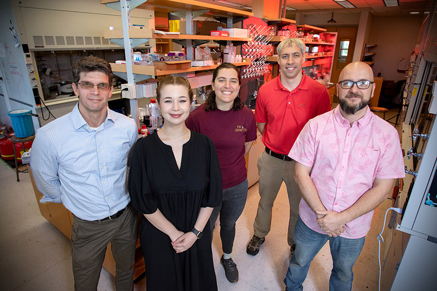 From L: FAMU-FSU College of Engineering Professor William Oates, graduate student Grace McLeod, graduate student Gina Guillory, Associate Professor of Chemistry Ken Hanson and Associate Professor of Chemistry Justin Kennemur