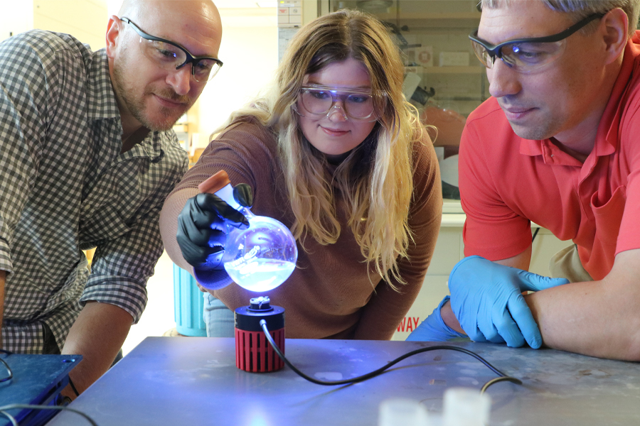 From L to R: University of South Carolina Associate Professor of Chemistry Aaron Vannucci, FSU graduate student Noelle Watson and FSU Associate Professor of Chemistry Ken Hanson.
