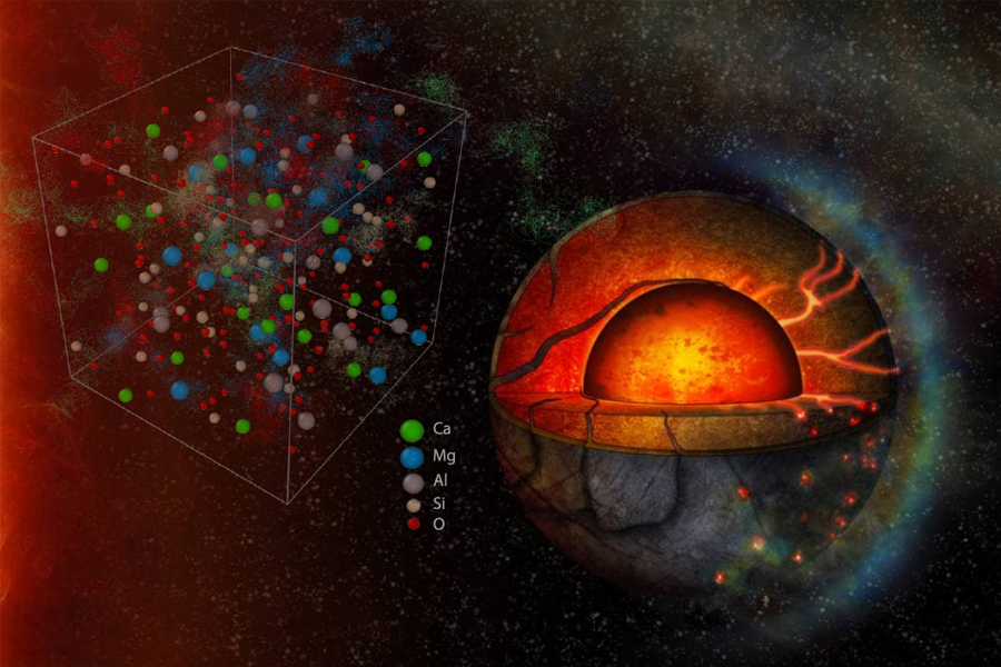 An illustration of Earth as it existed during part of its formation billions of years ago, when an ocean of magma covered the surface of the planet and stretched thousands of miles deep into the core. A typical cell from a simulation conducted by FSU researchers with the relative positions of atoms are shown in the left (Courtesy of Suraj Bajgain / Lake Superior State University)