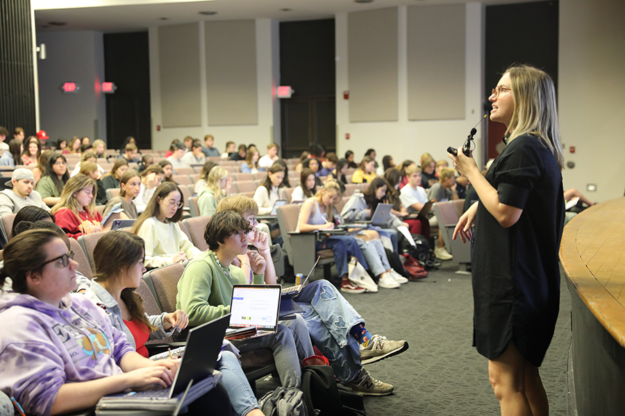 FSU assistant teaching professor Brittany Kraft addresses her biological science class. Courtesy photo.