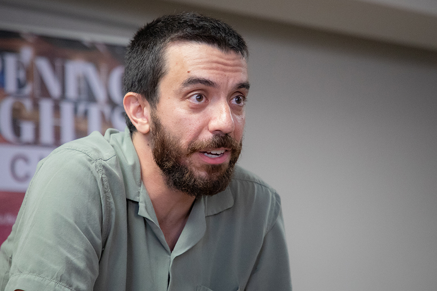 Kaveh Akbar speaks with English department students and faculty during an open-forum event Oct. 23.