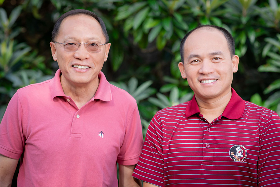(From Left) Professors Peng Xiong in the Department of Physics and Biwu Ma in the Department of Chemistry and Biochemistry