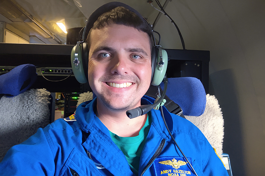 Andrew Hazelton seated in a plane during a hurricane expedition. Courtesy Andrew Hazelton.
