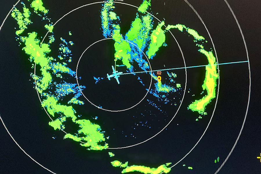 A radar screen on board a NOAA Aircraft Operations Center flight through Hurricane Helene in 2024. Courtesy Andrew Hazelton.