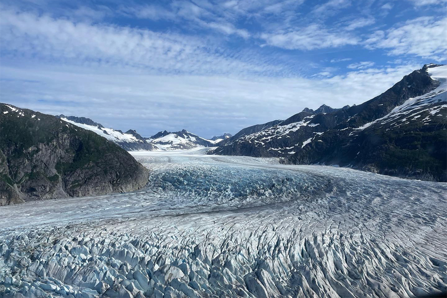 Mendenhall Glacier is located in southeast Alaska and served as one of the sampling sites for postdoctoral scholar Amy Holt's research. At more than 13 miles long, the glacier is a popular tourist destination for those who visit Juneau. (Courtesy of Amy Holt)