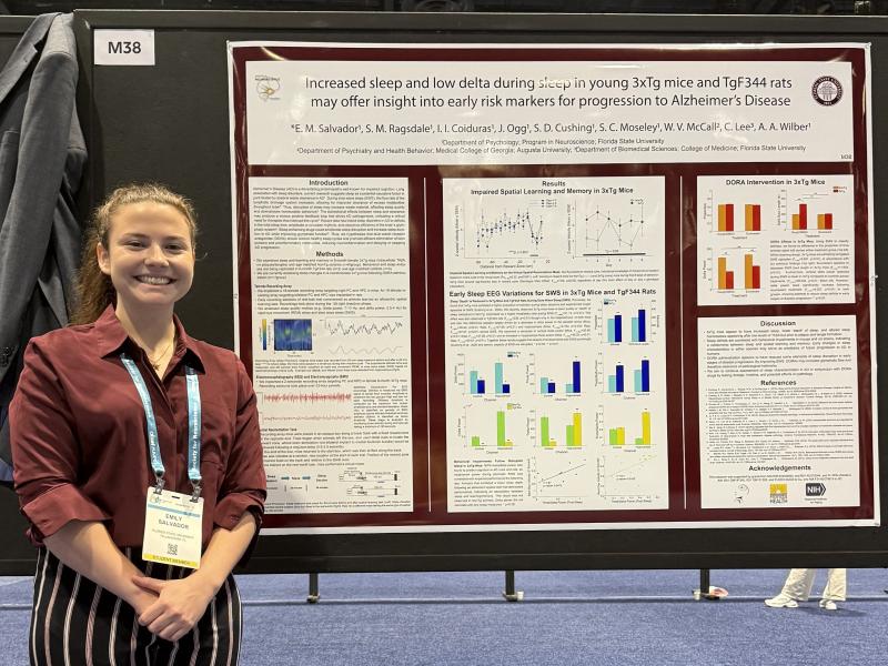 During the 2024 Society for Neuroscience Conference in Chicago, Illinois, second-year doctoral student in neuroscience Emily Salvador presents her research on how disruptions in the brain’s waste-management process may impair neurological function in the context of Alzheimer’s disease. Courtesy photo.