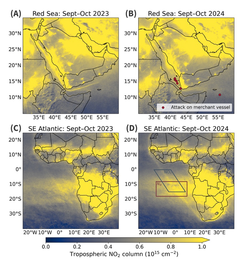 Maps showing the values of nitrogen dioxide (NO2) observed in the troposphere, the lowest layer of Earth’s atmosphere, in the Red Sea and the southeast Atlantic Ocean before and after disruptions to international shipping. Red markers in Map B represent locations of attacks on merchant ships during September–October 2024. Boxes in Map D show where researchers measured nitrogen dioxide and cloud droplet concentration to study how changes to shipping fuels affected cloud formation.