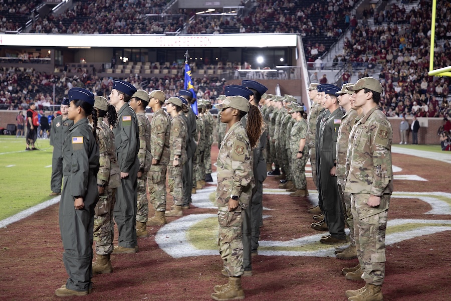 Cadets and leaders from FSU's Army ROTC, Air Force ROTC, and Florida A&M University's Navy ROTC at the 2025 Military Appreciation Game. Photo by Bella Bozied.