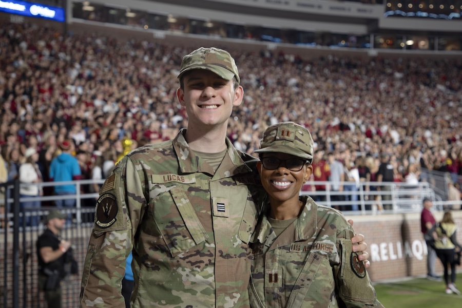 Members of FSU's Air Force ROTC program pose for a photo at the 2025 Military Appreciation Game. Photo by Bella Bozied.