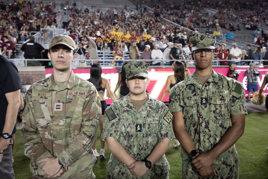 Members of FSU's Air Force ROTC and Florida A&M University's Navy ROTC programs prepare for the 2025 Military Appreciation Game. Photo by Bella Bozied.