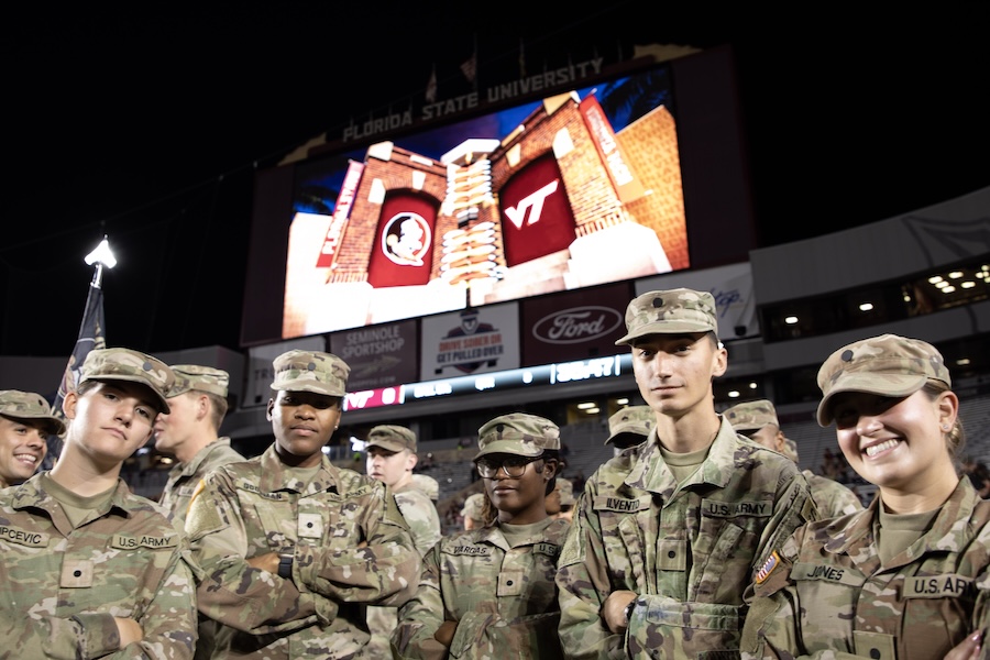Members of FSU's Army ROTC program pose for a photo at the 2025 Military Appreciation Game. Photo by Bella Bozied.