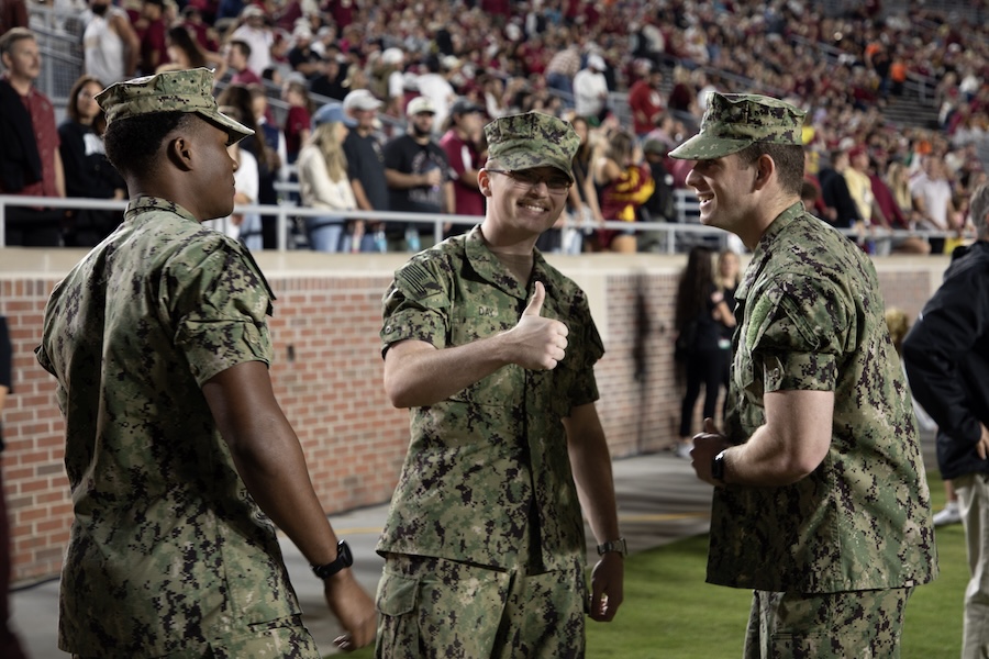 Midshipmen from Florida A&M University's Navy ROTC pose for a photo at the 2025 Military Appreciation Game. Photo by Bella Bozied.