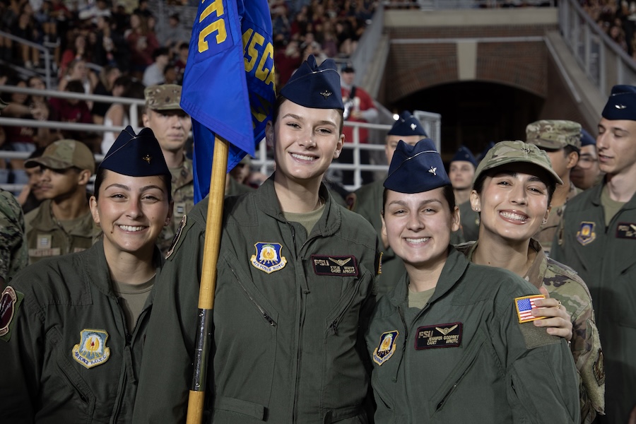 FSU Air Force ROTC cadets pose for a photo at the 2025 Military Appreciation Game. Photo by Bella Bozied.