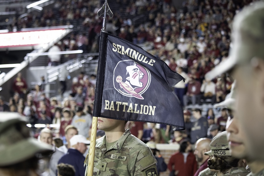 The FSU Army ROTC Seminole Battalion prepares to take the field at the 2025 Military Appreciation Game. Photo by Carly Nelson.