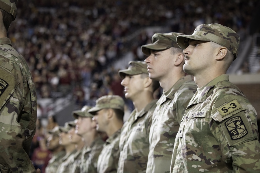 FSU's Army ROTC Seminole Battalion prepares to take the field at the 2025 Military Appreciation Game. Photo by Carly Nelson.