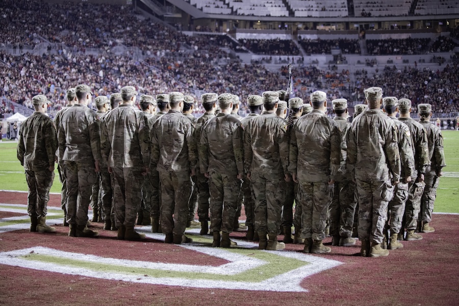 FSU's Army ROTC Seminole Battalion takes the field at the 2025 Military Appreciation Game. Photo by Carly Nelson.