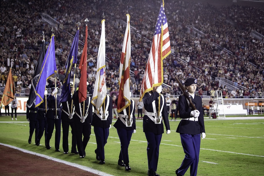 ROTC cadets present the colors ahead of the 2025 Military Appreciation Game. Photo by Carly Nelson.