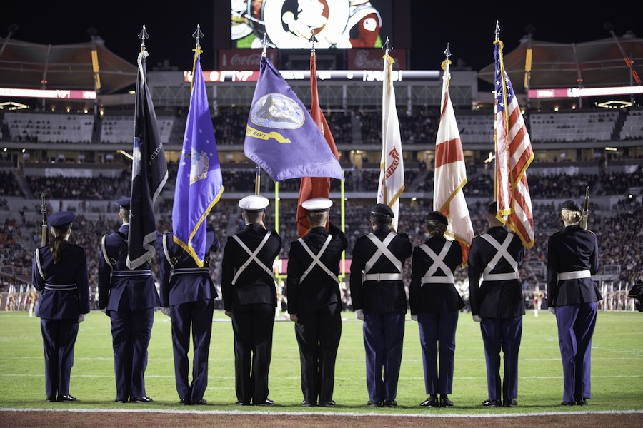 ROTC cadets present the colors ahead of the 2025 Military Appreciation Game. Photo by Carly Nelson.