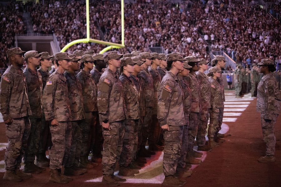 FSU's Army ROTC Seminole Battalion takes the field at the 2025 Military Appreciation Game. Photo by Carly Nelson.