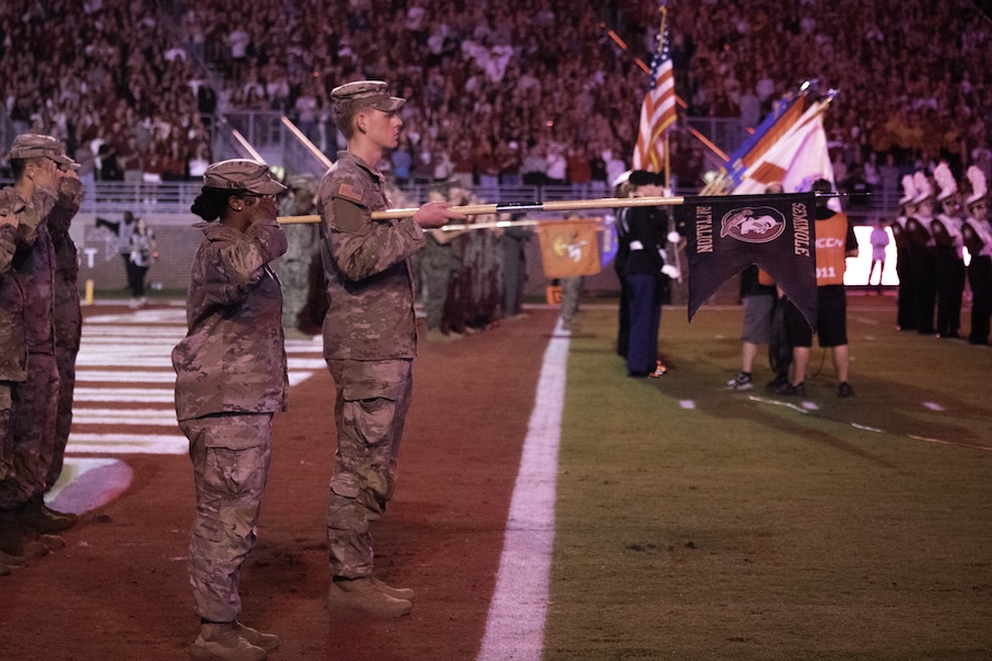 FSU's Army ROTC Seminole Battalion takes the field at the 2025 Military Appreciation Game. Photo by Carly Nelson.