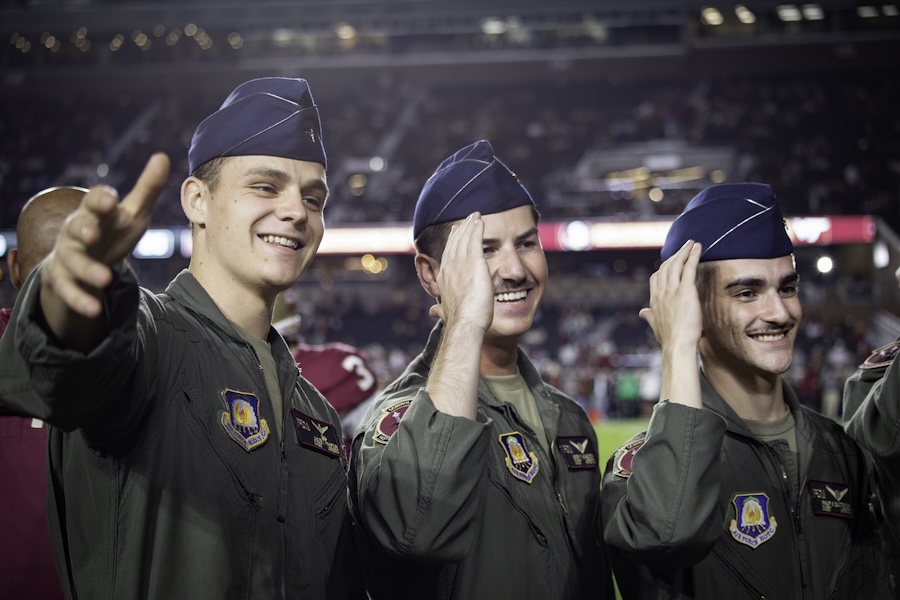 FSU Air Force ROTC cadets engage with the crowd at the 2025 Military Appreciation Game. Photo by Carly Nelson.
