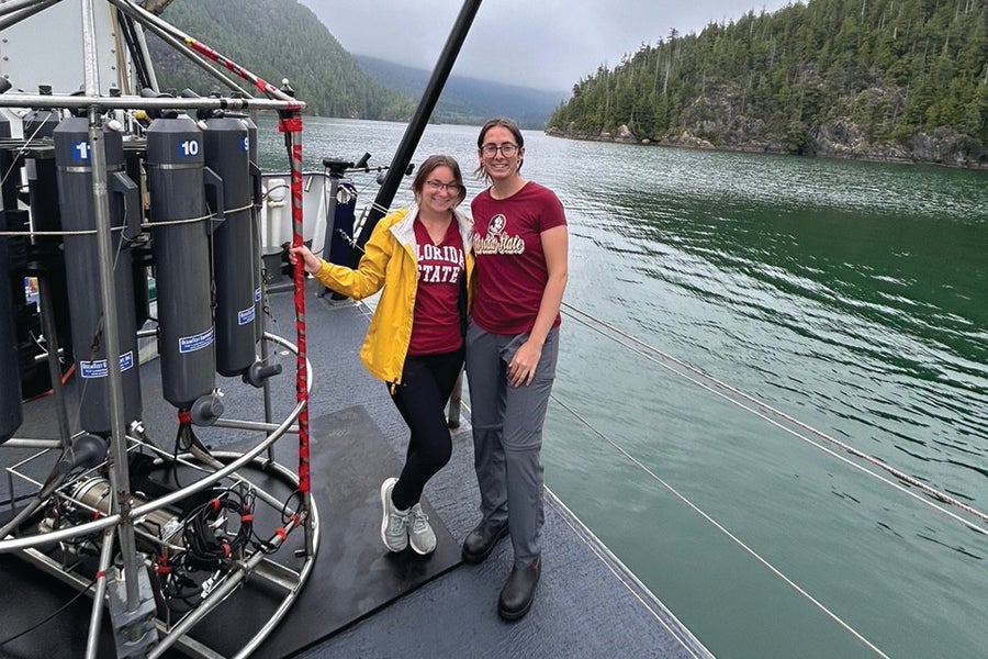 Mason Lab graduate students Emily Guidry and Alexa Crossen on the R/V Rachel Carson in Tofino Inlet, British Columbia. Courtesy photo.