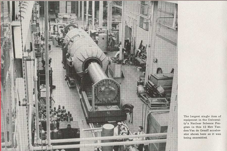 The EN tandem Van de Graaff accelerator being assembled in 1959. Photo courtesy Florida Memory and FSU's Digital Research Repository.
