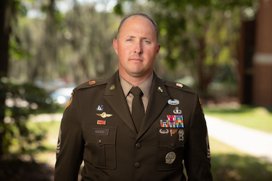 Cameron Gaddis is a master sergeant and senior military science instructor in the Department of Military Science. Photo by Devin Bittner.