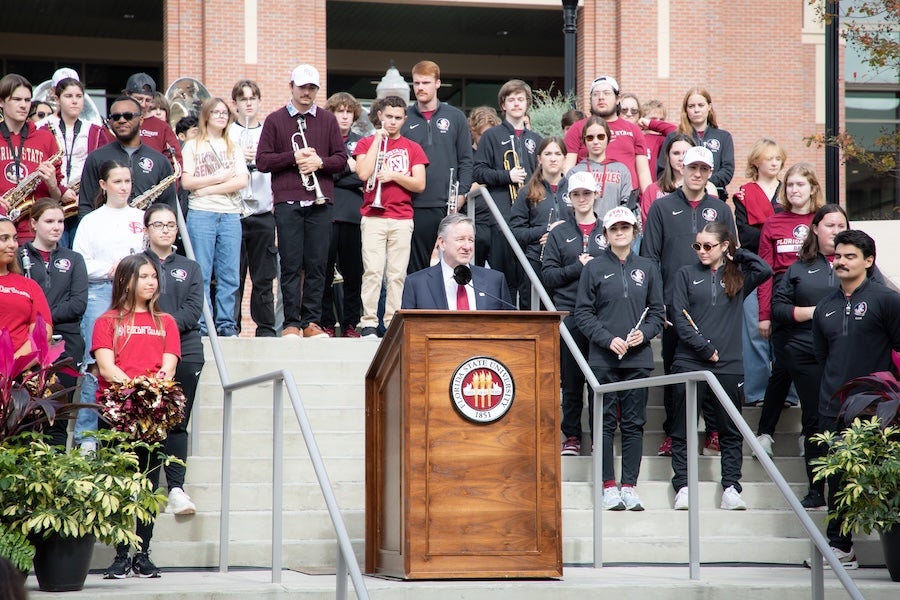 FSU President Richard McCullough addresses the crowd at FSU's 175th Anniversary Celebration. Photo by Devin Bittner.
