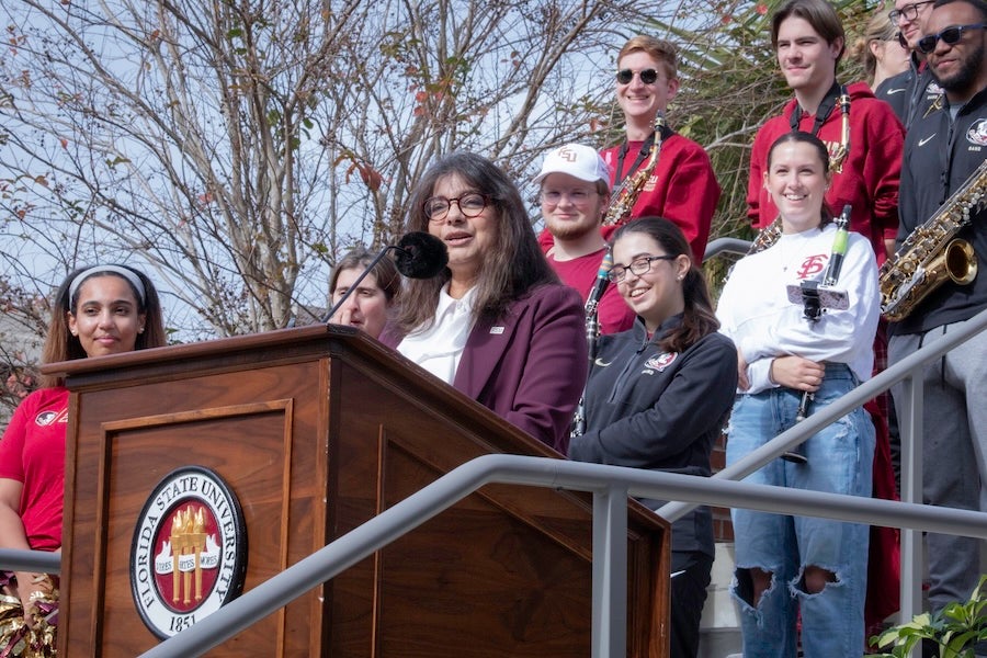 FSU First Lady Jai Vartikar addresses the crowd at FSU's 175th Anniversary Celebration. Photo by Carly Nelson.