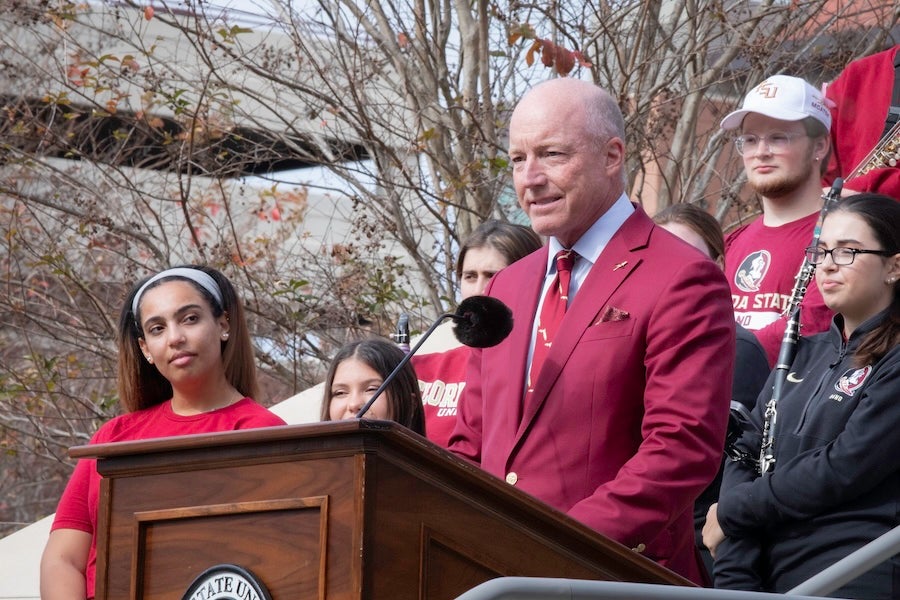 FSU Board of Trustees Chair Peter Collins addresses the crowd at FSU's 175th Anniversary Celebration. Photo by Carly Nelson.