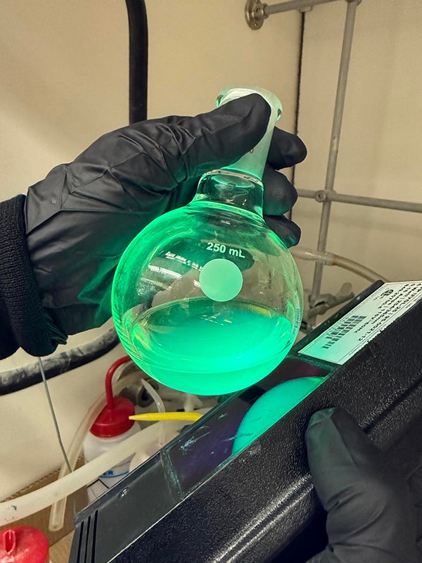 A UV lamp at 254 nM wavelength light is used to facilitate the creation of precursor intermediates, which act as ingredients in the Smith Laboratory’s synthesis of new molecules for eventual use in medicine.