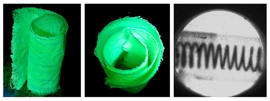 A photo of the fabric created by researchers using the new OMHH materials was created in one of the studies. These materials are cheaper and more flexible than those currently used in producing X-ray technology, offering exciting new possibilities such as wearable fabric for X-ray imaging. (Courtesy of Biwu Ma)