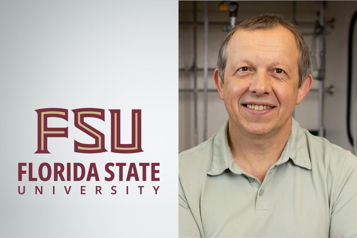 Professor of Chemistry and Biochemistry Michael Shatruk next to the FSU logo mark