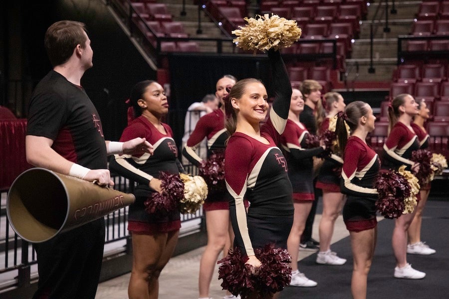 The FSU Cheerleading Squad helps kick off the FSU Women's Basketball game on Feb. 19, 2026 at the Donald L. Tucker Civic Center in Tallahassee, Florida. Photo by Éabha Phelan.