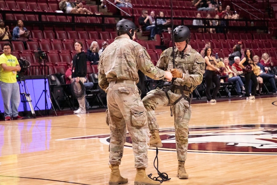 FSU Army ROTC cadets take part in a rappelling demonstration at the FSU Women's Basketball game on Feb. 19, 2026 at the Donald L. Tucker Civic Center in Tallahassee, Florida. Photo by Éabha Phelan.