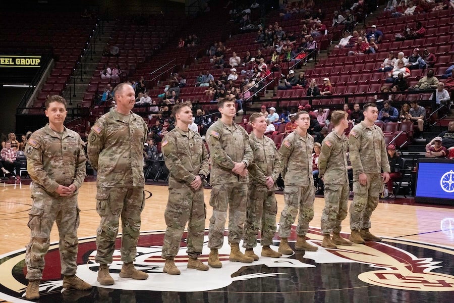 FSU Army ROTC cadets take the court following a rappelling demonstration at the FSU Women's Basketball game on Feb. 19, 2026 at the Donald L. Tucker Civic Center in Tallahassee, Florida. Photo by Éabha Phelan.