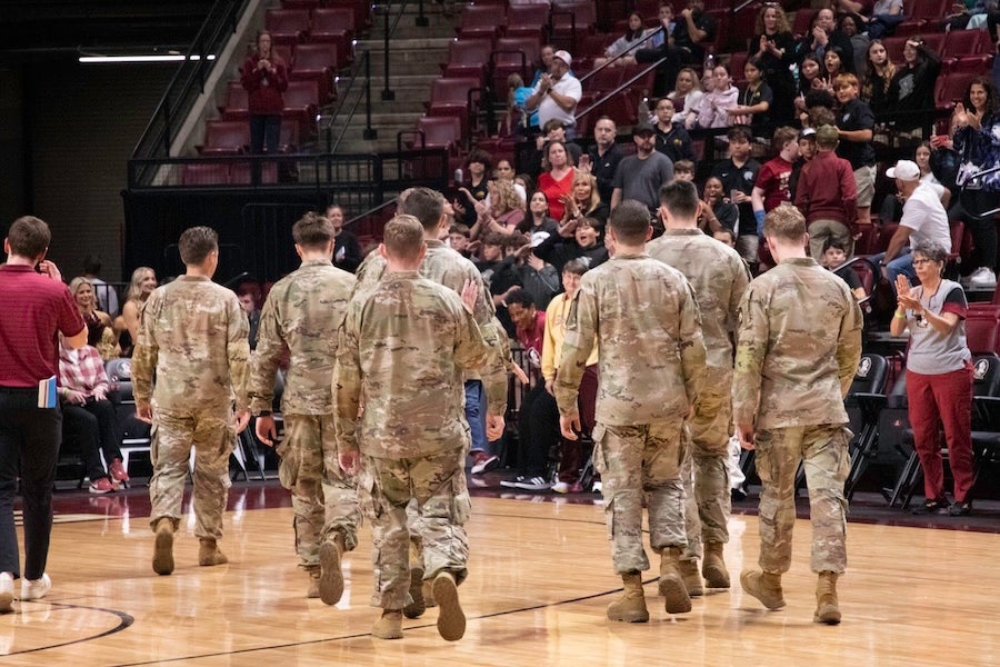 FSU Army ROTC cadets take the court following a rappelling demonstration at the FSU Women's Basketball game on Feb. 19, 2026 at the Donald L. Tucker Civic Center in Tallahassee, Florida. Photo by Éabha Phelan.