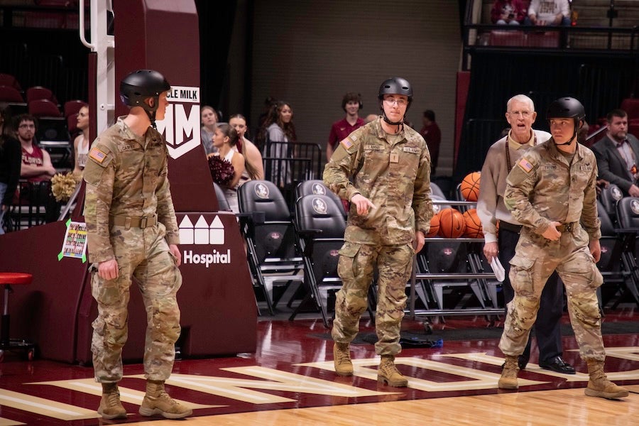 FSU Army ROTC cadets take part in a rappelling demonstration at the FSU Men's Basketball game on Feb. 17, 2026 at the Donald L. Tucker Civic Center in Tallahassee, Florida. Photo by Jack LaBruno.