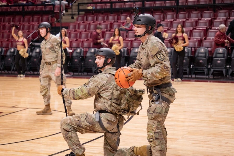 FSU Army ROTC cadets take part in a rappelling demonstration at the FSU Men's Basketball game on Feb. 17, 2026 at the Donald L. Tucker Civic Center in Tallahassee, Florida. Photo by Jack LaBruno.
