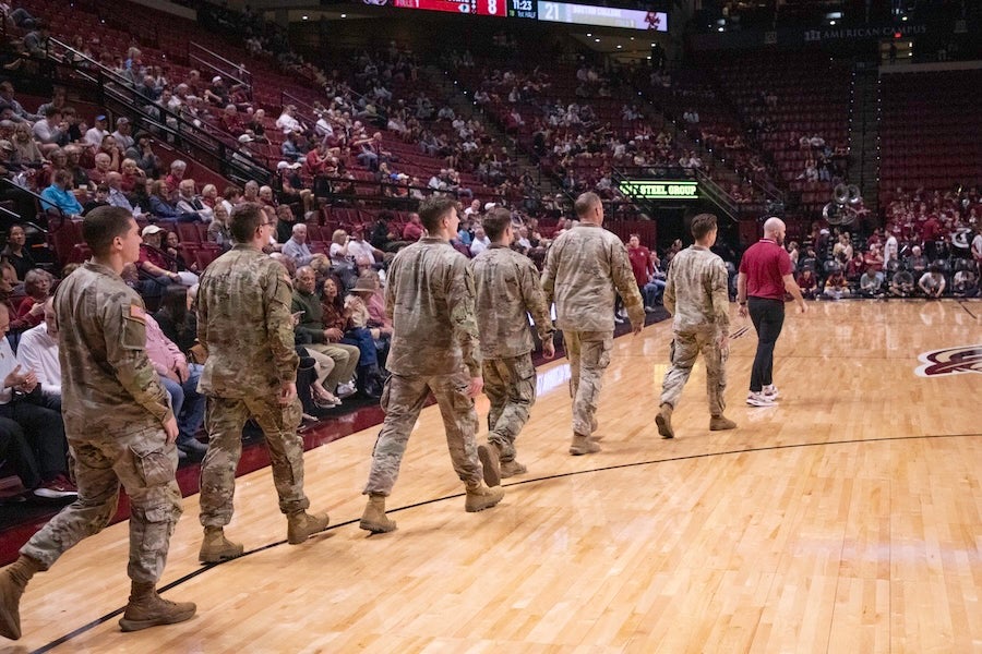 FSU Army ROTC cadets take to the court at the FSU Men's Basketball game on Feb. 17, 2026 at the Donald L. Tucker Civic Center in Tallahassee, Florida. Photo by Jack LaBruno.