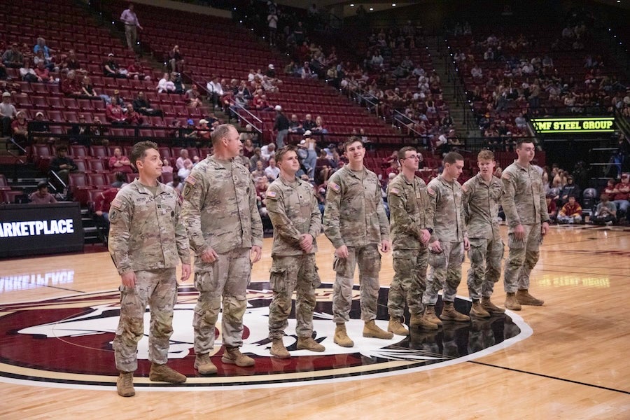 FSU Army ROTC cadets take to the court at the FSU Men's Basketball game on Feb. 17, 2026 at the Donald L. Tucker Civic Center in Tallahassee, Florida. Photo by Jack LaBruno.