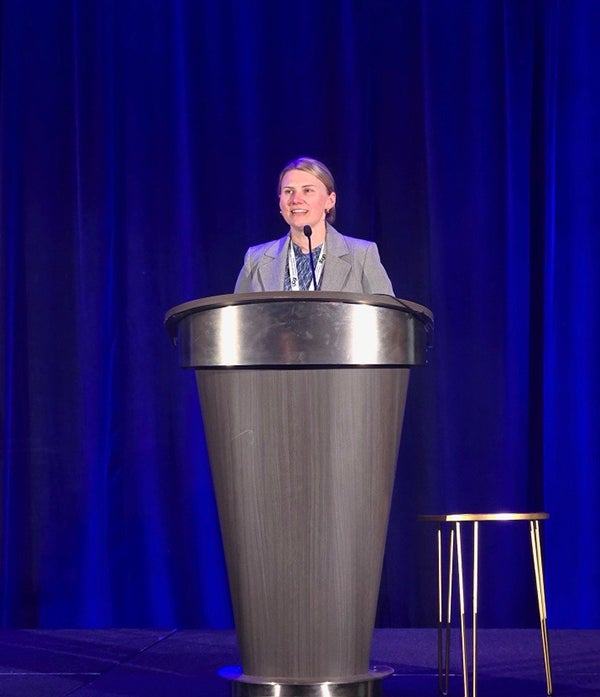 Cook addresses the audience after receiving the award at the NPA’s annual conference in San Francisco.
