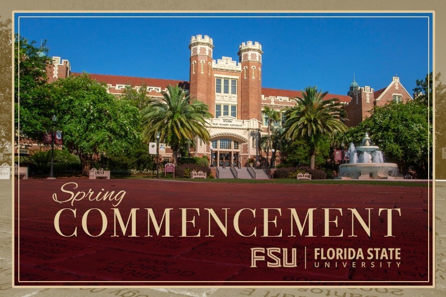 Westcott Fountain, with Ruby Diamond behind it, and the words "Spring Commencement" under the photo.