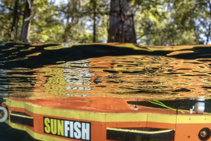 A photo of the SunFish Underwater Autonomous Vehicle taken at Jackson Blue Springs. (Photo courtesy Woodville Karst Plain Project.)