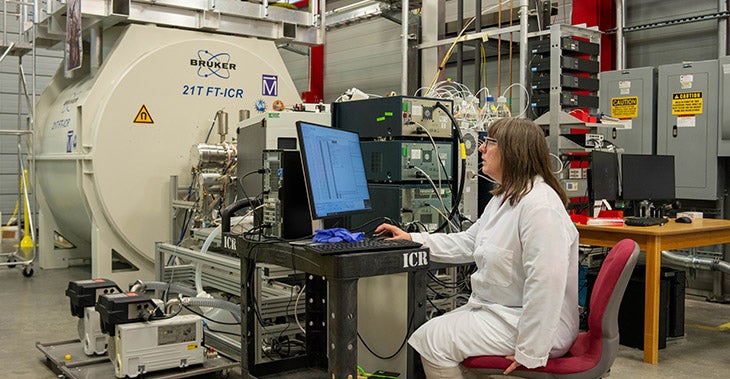 Kicki Håkansson at the MagLab’s 21-tesla ICR mass spectrometer, one of the systems that will be used in the drug discovery initiative