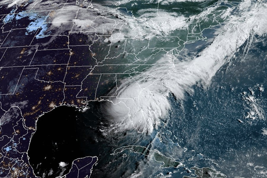 A satellite image as Hurricane Debby makes landfall along the coast of Florida in the Big Bend region of the state's panhandle as a Category 1 storm on the morning of Aug. 5, 2024