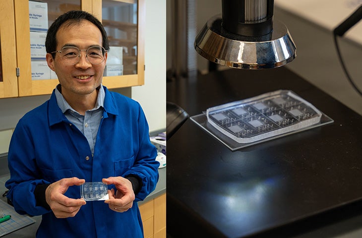 Left: Professor Xiangpeng Li in his lab holding a microfluidics device. Right: The piece of silicone is etched with tiny channels to control flow of microdroplets, allowing rapid screening and sorting of microbes in the search for new antibiotics
