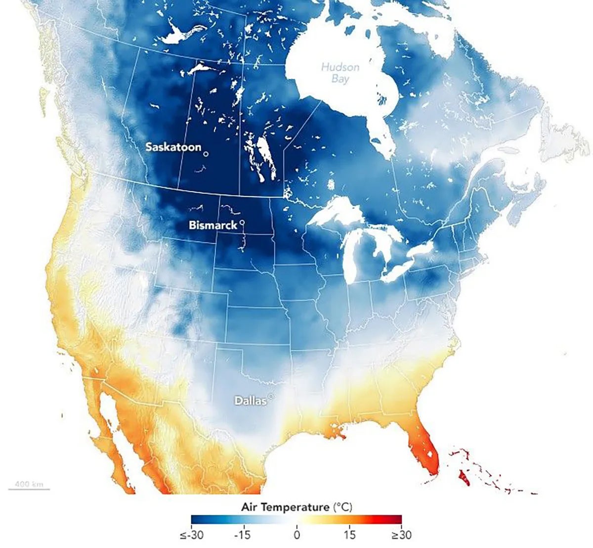 A map showing how the polar vortex brought freezing temperatures to much of the United States in February 2025. (Courtesy of NASA Earth Observatory)
