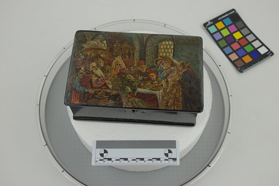 "Hide and Seek," unknown artist, late 19th century. Box, oil paint on papier-mâché, composition by Konstantin Makovsky. Photo by Sophie Works.